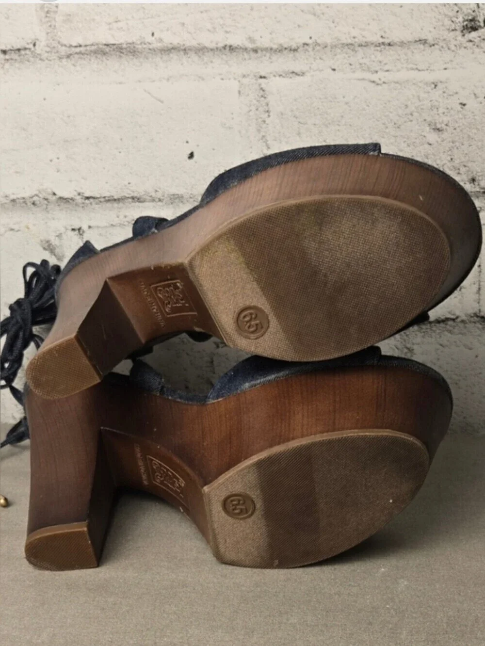 Brash Denim Lace Up Platform Heels Chunky Wooden Sandals Size 8.5